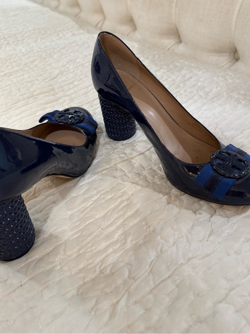 Tory Burch Navy Patent Leather Mid-Heel Pumps with Logo Accent